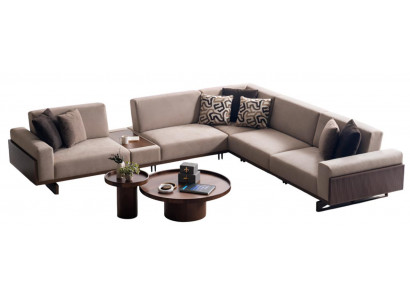 Modernes Beiges L-Form Sofa Stilvolles Ecksofa Designer Rundtisch