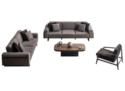 Elegante Graue Wohnzimmer Garnitur 3-Sitzer Relax Sessel Couchtisch