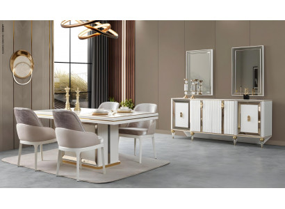 Weiße Esszimmergarnitur Esstisch 4x Textilstühle Sideboard 10tlg