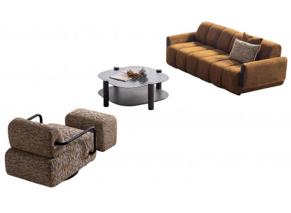 Modernes Wohnzimmer-Set Polstersofa Textilsessel Hocker Holztisch