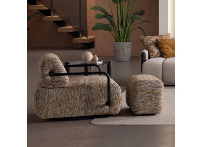Braun-Beiges Sessel-Set Designer Stoffsessel Luxuriöser Hocker 2tlg