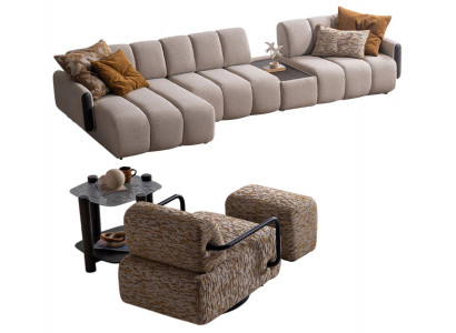 Stilvolles Wohnzimmer-Set Exklusives Ecksofa Polstersessel Hocker