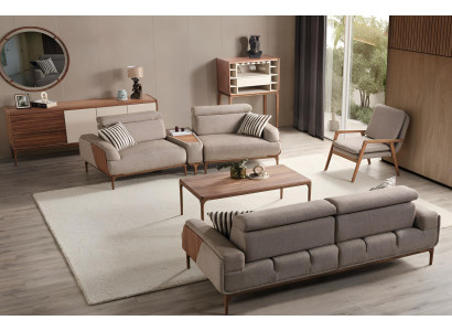 Elegantes Beiges Wohnzimmer-Set 3-Sitzer Textilsessel 2-Sitzer 3tlg