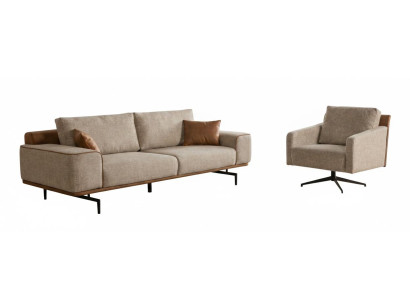 Beiges Polster Set Designer Textil 3-Sitzer Stoffsessel Couchgarnitur