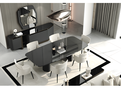 Dieses stilvolle Esszimmer-Set umfasst Esstisch 6 Stühle Konsole und Spiegel