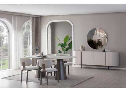 Weißes Esszimmer-Set – Stilvoller Esstisch, Stühle, Holzsideboard & Spiegel
