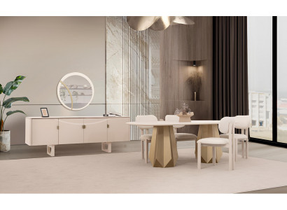 Luxuriöses Esszimmer-Set – Esstisch, Stühle, Holzsideboard & Spiegel