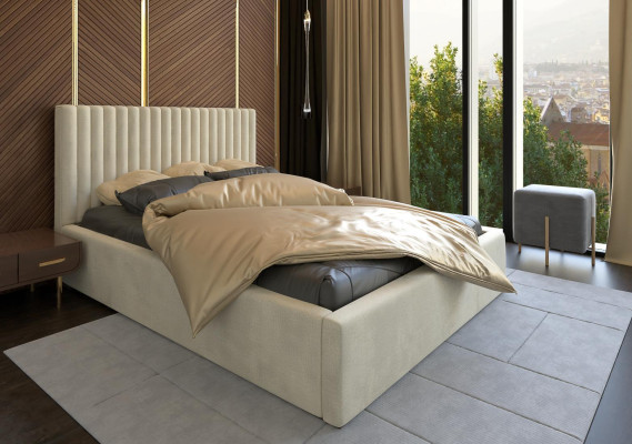 Lit beige Lit double Bois Moderne Élégant Lit Tissu d'ameublement Chambre à coucher nouvelle
