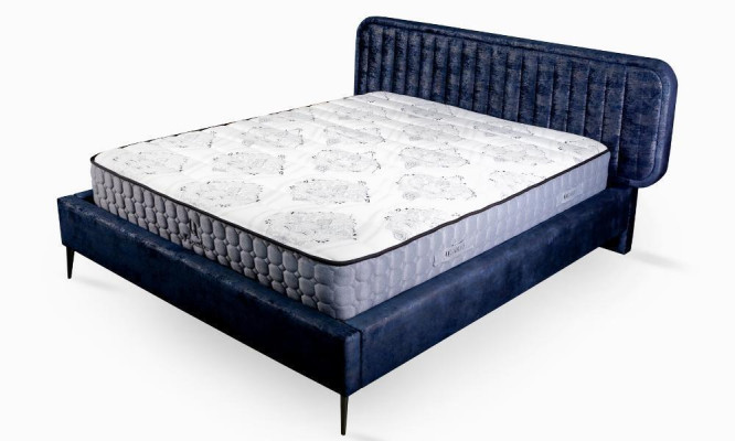 Lit double Bleu Chambre à coucher Bois Mobilier Design Élégant Tissu d'ameublement neuf