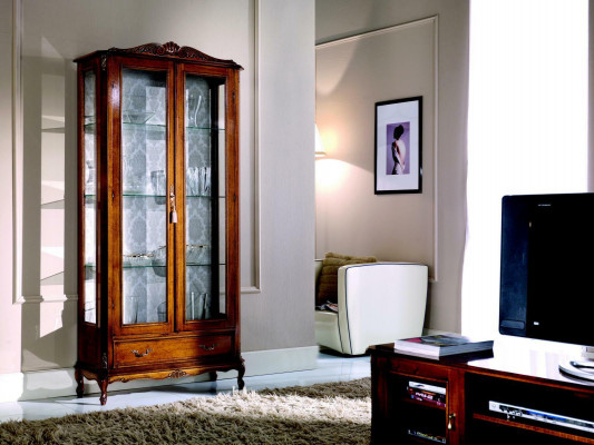 Vitrine de luxe en bois design Marron 2 portes en verre 1 tiroir Mobilier italien