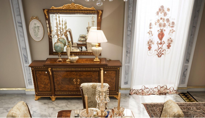 Ensemble de commodes de meubles italiens en 2 pièces. Commode avec miroir en bois massif Buffet.