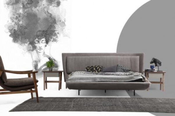 Chambre principale Lit double Lit Tables de chevet Gris Ensemble 3 pièces Tissu