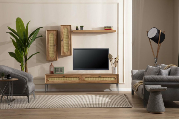Meuble TV bas en bois pour salon avec étagères murales, ensemble de 4 pièces.