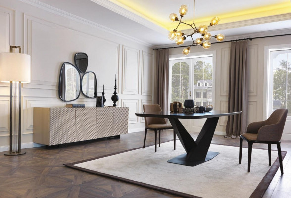 Table de salle à manger Table 4x Chaises Buffet Miroir 7 pièces Ensemble du groupe de design