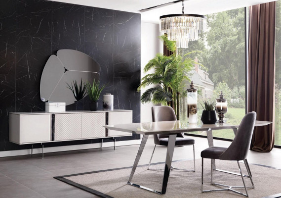 Groupe de salle à manger Ensemble Table 4x Chaises Buffet Miroir 7pcs. Ensemble de salle à manger gris