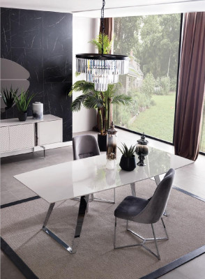 Groupe de salle à manger Ensemble Table 4x Chaises Buffet Miroir 7pcs. Ensemble de salle à manger gris