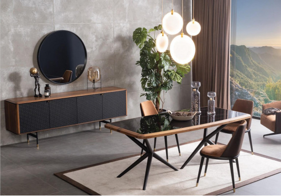 Salle à manger Ensemble Table 4x Chaises Buffet Miroir Ensemble de salle à manger de 7 pièces
