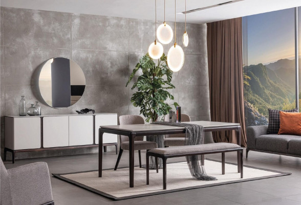 Salle à manger Ensemble Table 2x Chaises Buffet Miroir Tabouret Ensemble de salle à manger 6 pièces nouveau