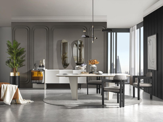 Suite Salle à manger Salle à manger Table à manger Chaises de luxe Espace repas 7 pièces Blanc