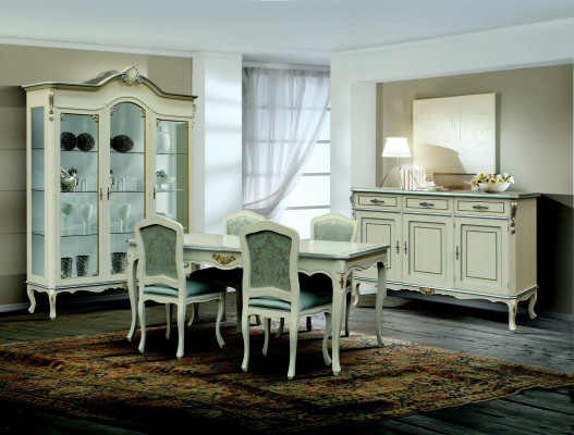 Ensemble de salle à manger de luxe de 7 pièces en bois blanc, comprenant une commode, 4 chaises, une table et une vitrine.