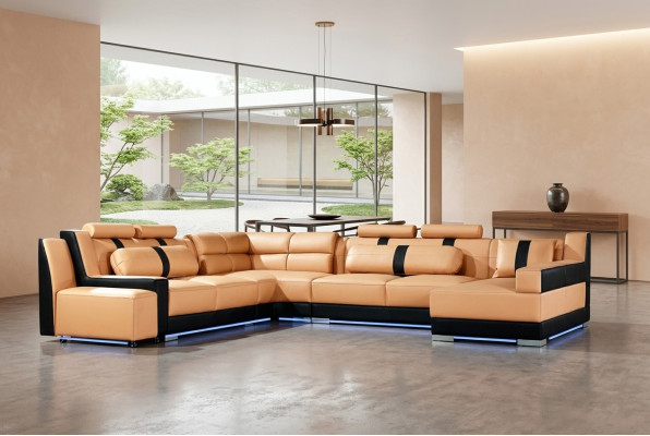 XXL Canapé d'angle en cuir en forme de U Rembourrage siège Canapé Grand Suite