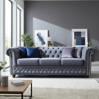 Chesterfield Set de canapé Canapé 3+1+1 Canapé en tissu Canapés Siège en cristaux.