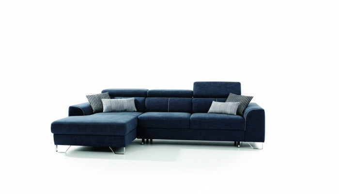 Canapé en tissu bleu de design d'angle pour salon ou terrasse.