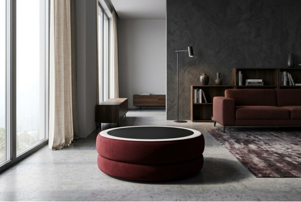Table basse ronde en verre pour salon, table de canapé en cuir moderne avec rembourrage sur le côté