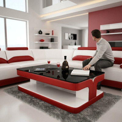 Table basse design en cuir pour salon avec canapé en verre, rembourrage.