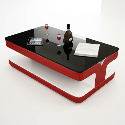 Table basse design en cuir pour salon avec canapé en verre, rembourrage.