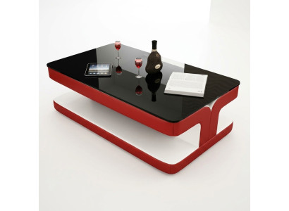 Table basse design en cuir pour salon avec canapé en verre, rembourrage.