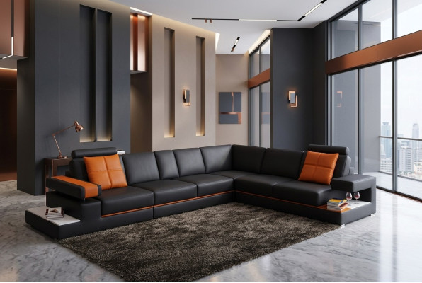 Canapé d'angle moderne en cuir pour salon avec éclairage.