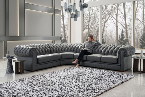 Siège d'angle rembourré en cuir Chesterfield classique Ensemble de décoration pour salon paysager