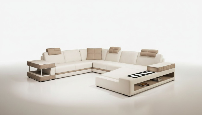 Coins de design Grand XXL Canapé d'angle rembourré en cuir Suite de canapés