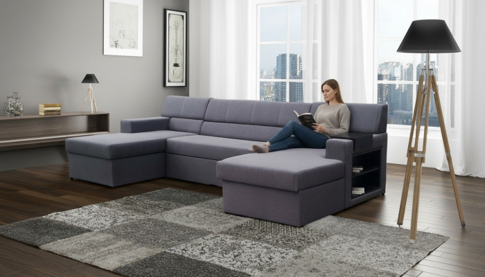 Canapé d'angle design Markos en forme de U Fonction lit Tweeter Cuir Textile
