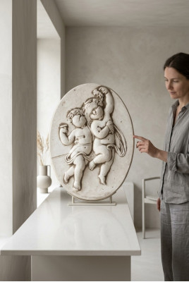 Relief mural en pierre représentant l'ange aztèque. Images en relief en pierre coulée.