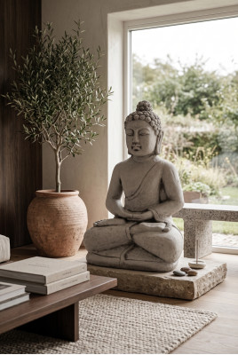Sculpture de Bouddha en effet pierre. Grande sculpture décorative pour une figure de jardin.
