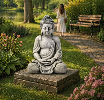 Figure sculpture de Bouddha en effet pierre. Grande sculpture décorative pour jardin.
