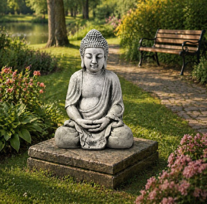 Figure sculpture de Bouddha en effet pierre. Grande sculpture décorative pour jardin.
