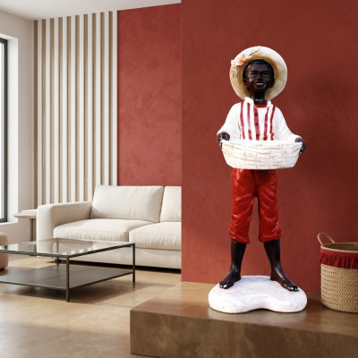 Design Garçon avec Panière Figure Statue Sculpture Figurines Sculptures Décoration 7087