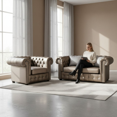 Ensemble de canapé Chesterfield de designer Sofa Couch 2+1 avec siège rembourré, coloris or.