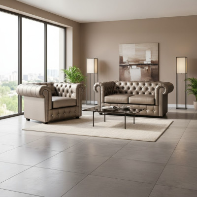 Ensemble de canapé Chesterfield de designer Sofa Couch 2+1 avec siège rembourré, coloris or.