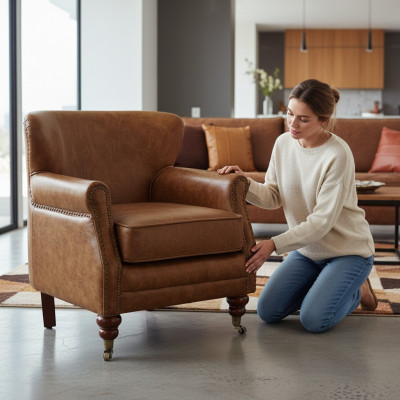 Chesterfield fauteuil à oreilles marron en cuir, ensemble canapé fauteuil en cuir, canapé en cuir neuf