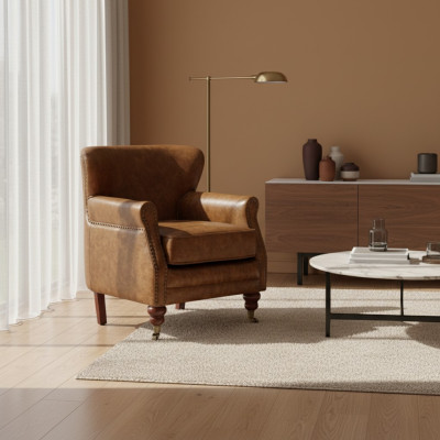 Chesterfield fauteuil à oreilles marron en cuir, ensemble canapé fauteuil en cuir, canapé en cuir neuf