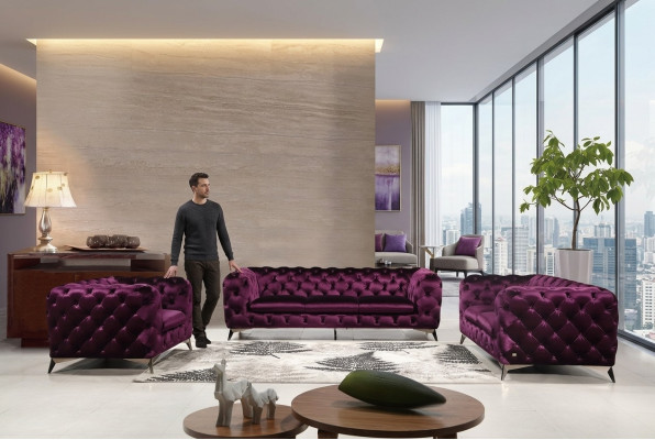 Canapé de luxe de haute qualité de qualité supérieure, siège rembourré 3+2+1 Chesterfield Suite Violet nouveau.