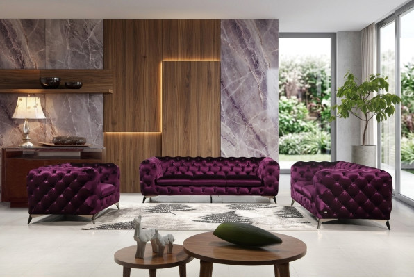 Canapé de luxe de haute qualité de qualité supérieure, siège rembourré 3+2+1 Chesterfield Suite Violet nouveau.