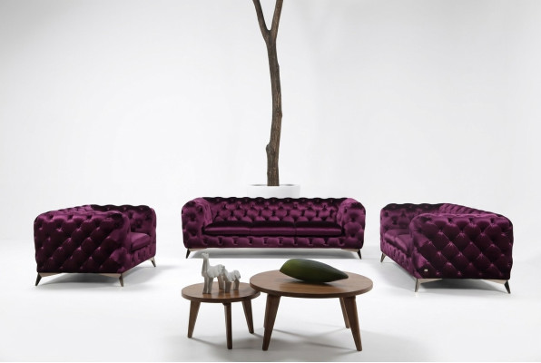 Canapé de luxe de haute qualité de qualité supérieure, siège rembourré 3+2+1 Chesterfield Suite Violet nouveau.