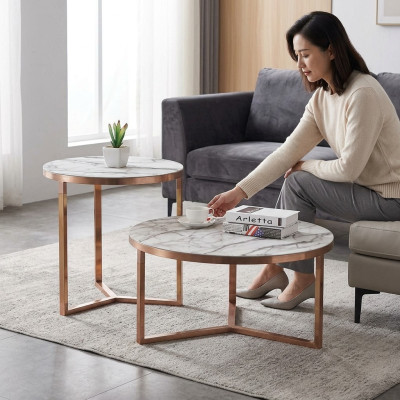 Designer Métal Canapé Table en Verre + Tables d'Appoint canapé nouvel ensemble de 2 pièces.