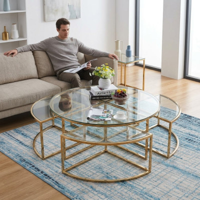 Canapé design en verre rond, table de canapé en acier inoxydable, design rond pour la maison