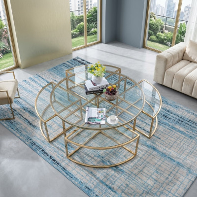 Canapé design en verre rond, table de canapé en acier inoxydable, design rond pour la maison